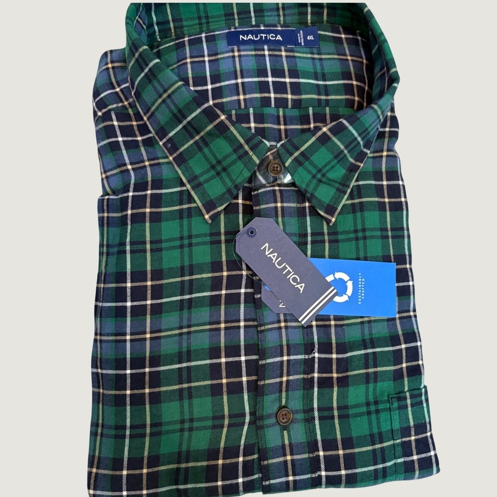Nautica Mens 4XL Green Plaid Flannel Button Down Shirt Sustainably Crafted NWT